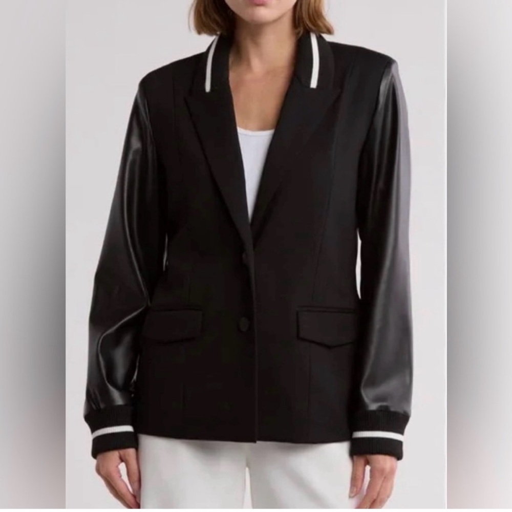 Laundry By Shelli Segal Black Blazer with Faux Leather Sleeves